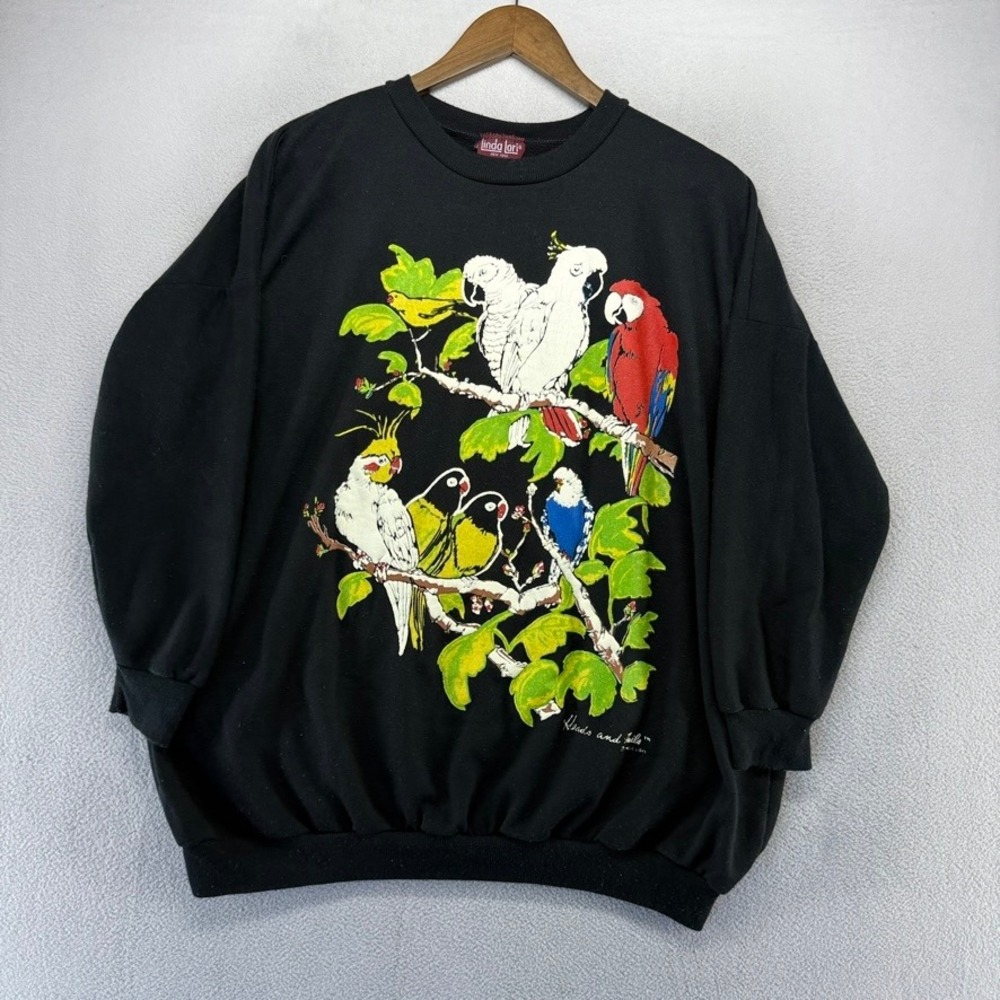 Vintage Linda Lori Sweatshirt Women's One Size Black Nature Parrots Birds USA